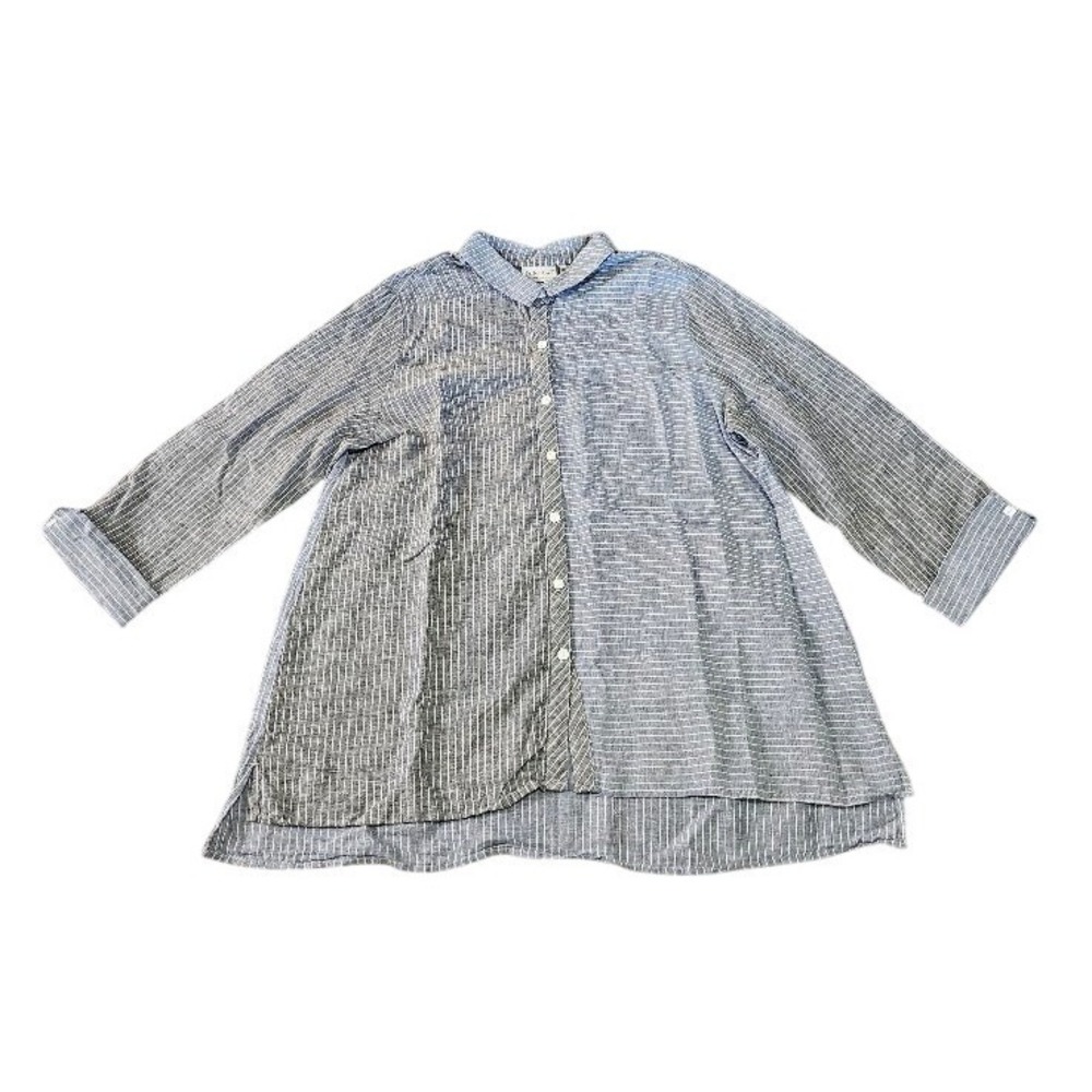 Habitat Linen Striped Button Front Tunic Shirt Blue White XL High Low Hem